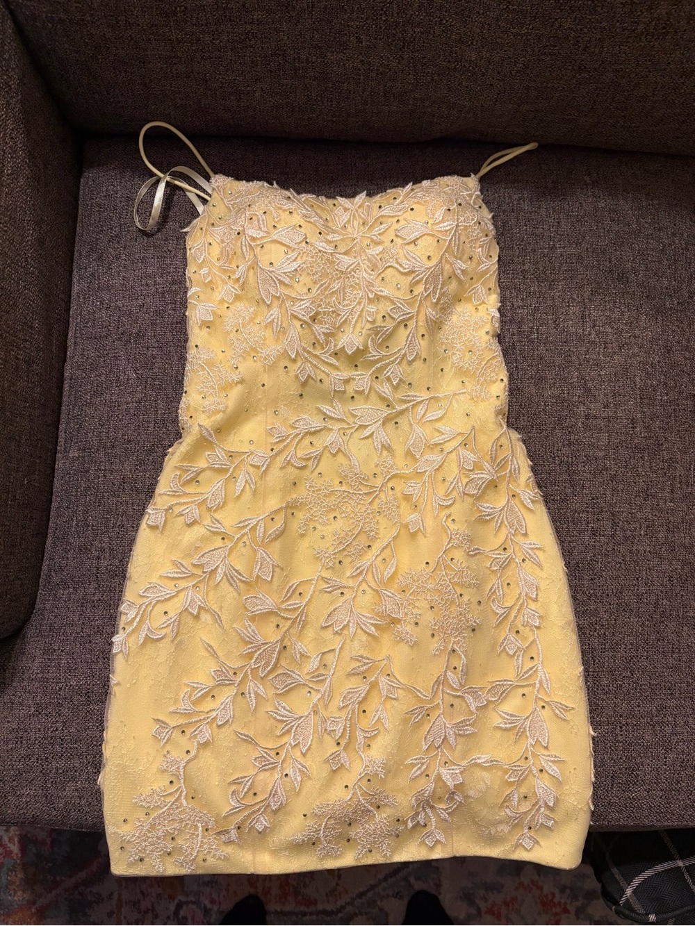 Yellow Beaded Spaghetti-Strap Mini Dress